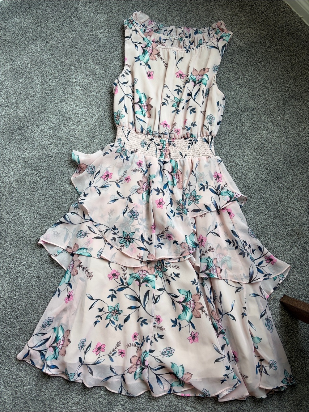 Eliza J Blush Pink Floral Maxi Dress with Navy & Teal Accents